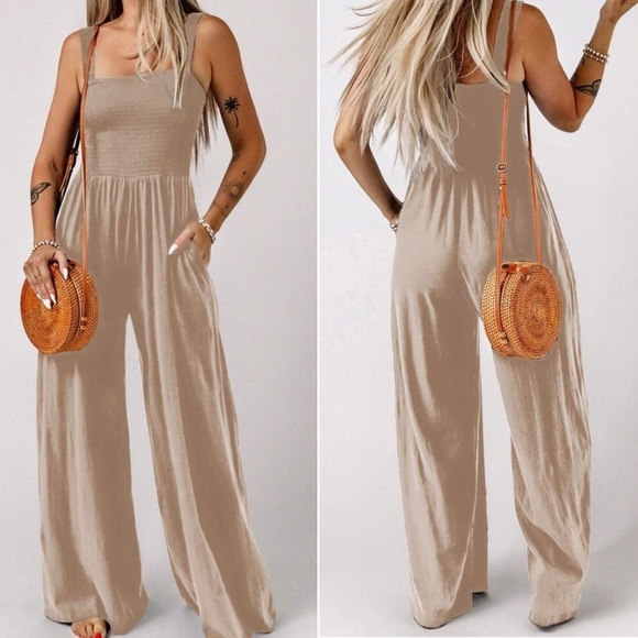 Boho smocked bodice wide leg wide straps cami jumpsuit - Picture 8 of 12